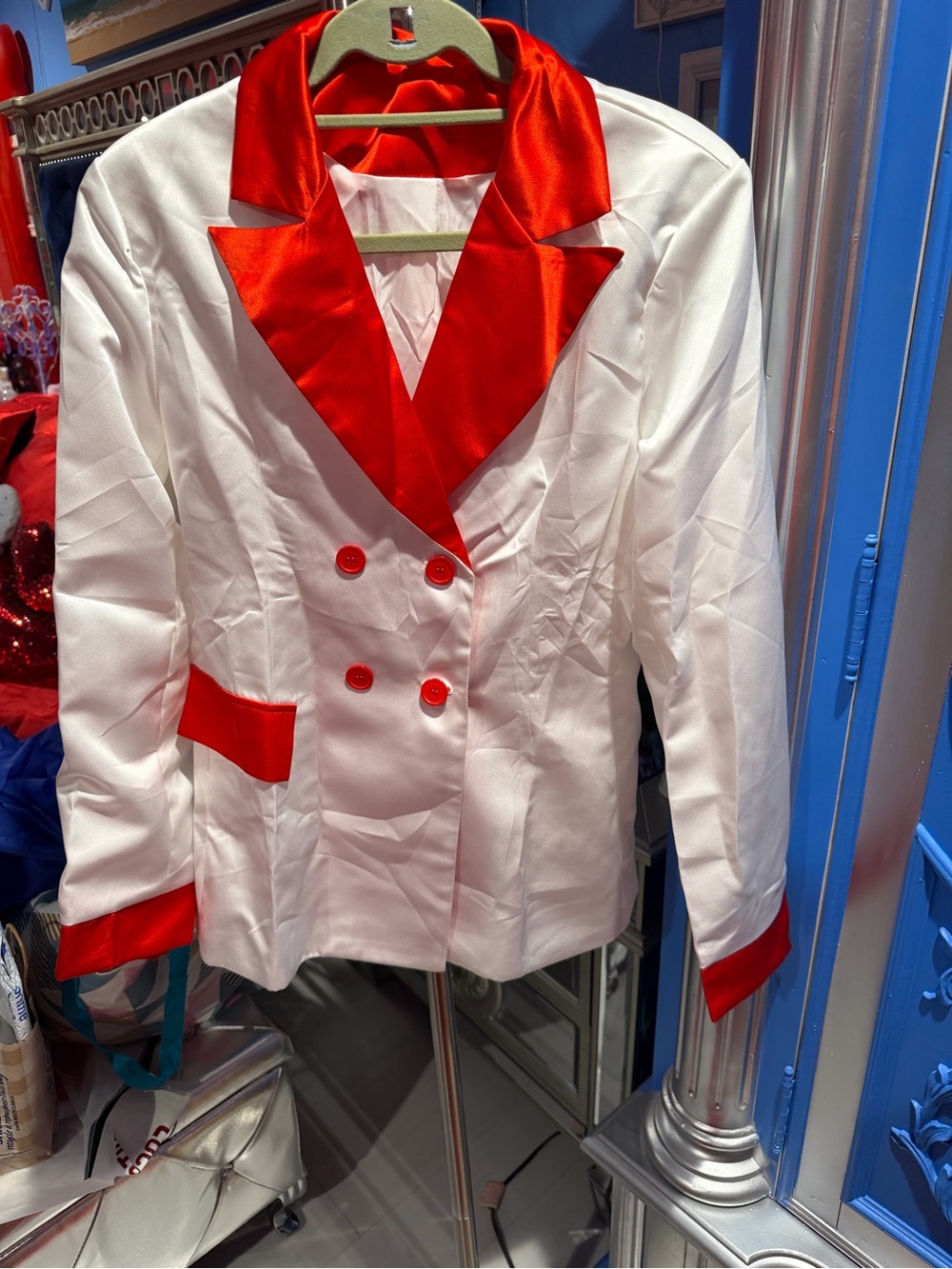 White and Red Double-Breasted Satin Blazer